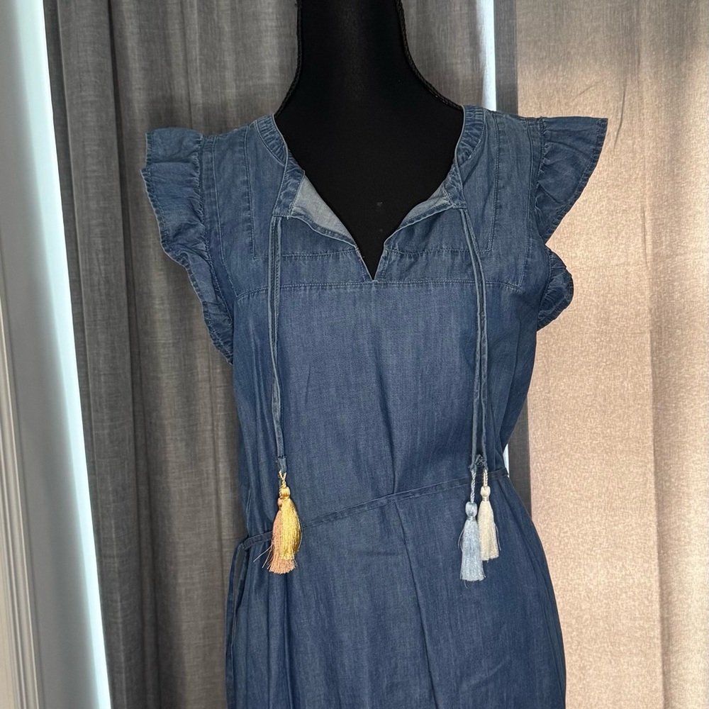 LOFT Indigo Chambray Midi Dress with Tassel Accents